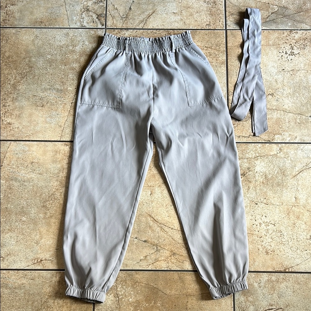 Gray Elastic Waist Pants with Belt